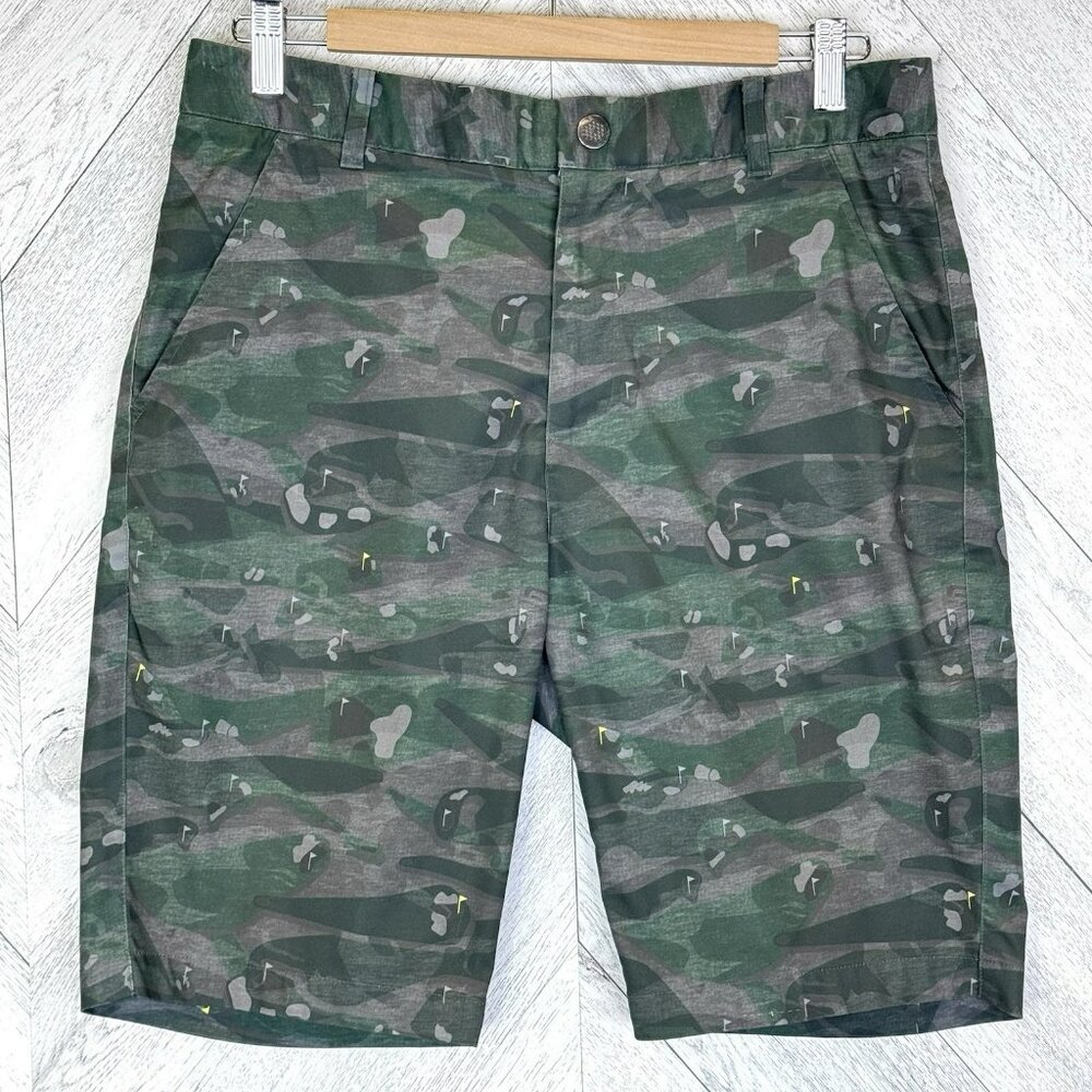 Puma Golf Shorts Mens Size 32 Green Camo Golf Course Allover Print 9.5" Inseam